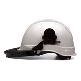 The Pyramex Ridgeline Cap Style Hard Hat Adapter HHABCMR by Pyramex Safety, shown in white with a black adjustable strap and featuring a side adapter for added convenience, is viewed from the side against a plain background.