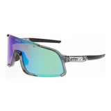 A pair of MCR Safety Hulk HK4 MAX3 safety glasses with a single large blue-green scratch-resistant mirror lens, black arms, adjustable nose pads, and a bold "HULK" logo on the temple. 12 per box.