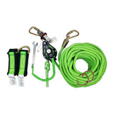 The Frontline Fall Protection 4-Person 100' Adjustable Horizontal Lifeline System with 6' anchor straps includes carabiners, a corrosion-resistant pulley, green straps, wrench, and metal rings, all displayed on a white background.