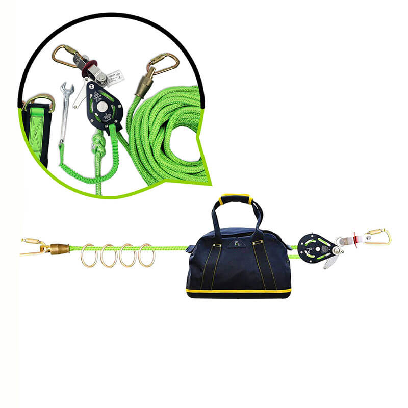 The Frontline 4-Person 100' Adjustable HL System with 6' anchor straps by Frontline Fall Protection features a green lifeline, metal hardware, corrosion-resistant pulley, and a black carrying bag, shown with detailed close-ups on a white background.