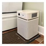 A beige Austin Air Systems HealthMate Plus Junior Machine A250 air purifier with a Medical Grade HEPA filter sits on a brown floor mat beside a wall and white appliance, measuring 11 inches wide and 16.5 inches tall.