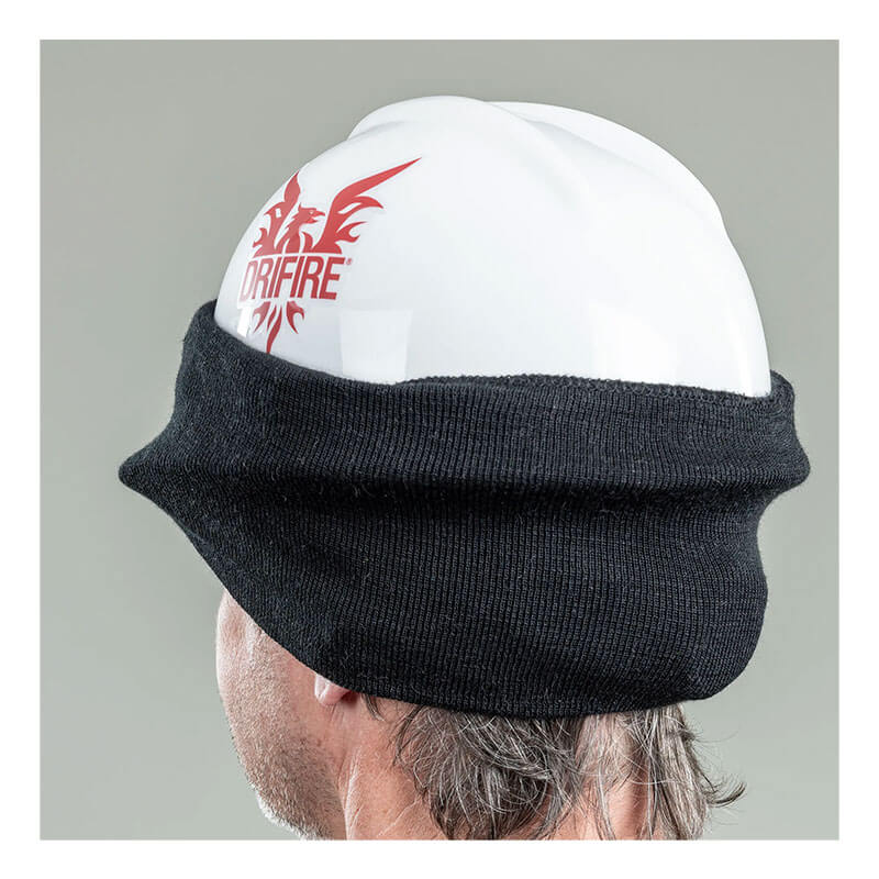 A person with gray hair wears a white "DRIFIRE" hard hat and an NSA DRIFIRE FR Winter Ear Band HNCEB under the helmet, viewed from behind.