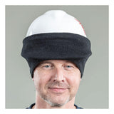 A man wearing an NSA DRIFIRE FR Winter Ear Band HNCEB over a white hard hat smiles slightly against a plain gray background.