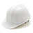 The Pyramex Cap-Style Hard Hat by Pyramex Safety features a glossy white finish, a front brim, and an adjustable harness. Its design is enhanced with universal accessory slots for added versatility and includes a rain trough to keep you dry in wet conditions.