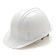 The Pyramex Cap-Style Hard Hat by Pyramex Safety features a glossy white finish, a front brim, and an adjustable harness. Its design is enhanced with universal accessory slots for added versatility and includes a rain trough to keep you dry in wet conditions.