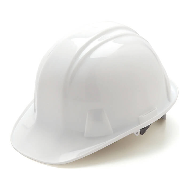 The Pyramex Cap-Style Hard Hat by Pyramex Safety features a glossy white finish, a front brim, and an adjustable harness. Its design is enhanced with universal accessory slots for added versatility and includes a rain trough to keep you dry in wet conditions.
