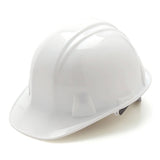 The Pyramex Cap-Style Hard Hat by Pyramex Safety features a glossy white finish, a front brim, and an adjustable harness. Its design is enhanced with universal accessory slots for added versatility and includes a rain trough to keep you dry in wet conditions.