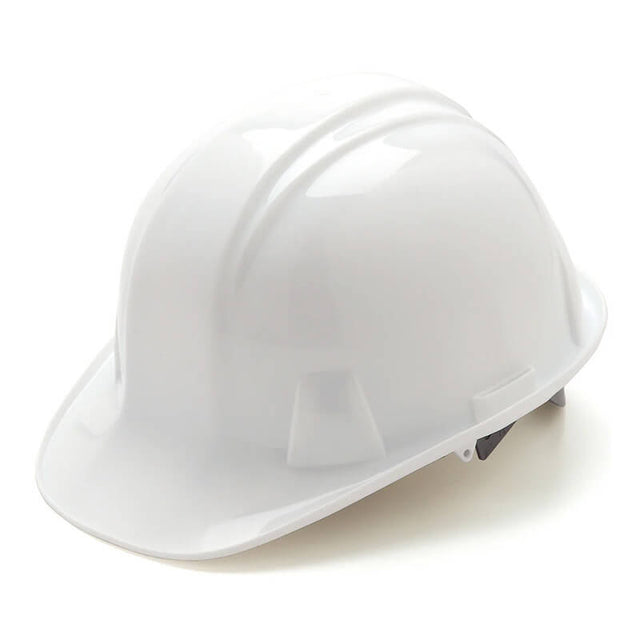 The Pyramex Cap-Style Hard Hat by Pyramex Safety features a glossy white finish, a front brim, and an adjustable harness. Its design is enhanced with universal accessory slots for added versatility and includes a rain trough to keep you dry in wet conditions.