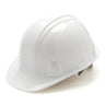 The Pyramex Cap-Style Hard Hat by Pyramex Safety features a glossy white finish, a front brim, and an adjustable harness. Its design is enhanced with universal accessory slots for added versatility and includes a rain trough to keep you dry in wet conditions.