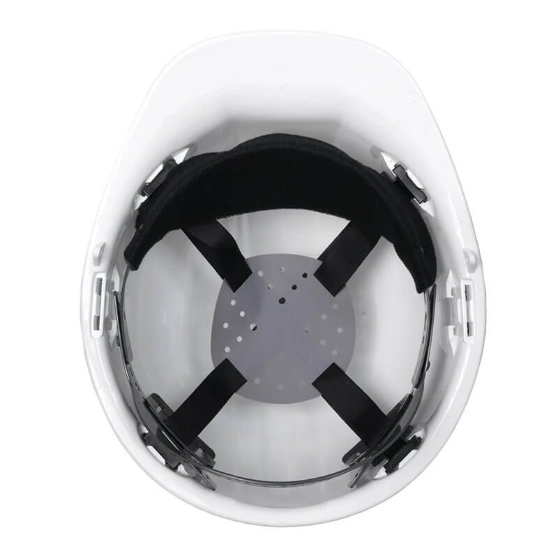 Top view of the Pyramex Cap-Style Hard Hat by Pyramex Safety, featuring a white shell and an adjustable black and gray high-density polyethylene suspension system for superior head protection.