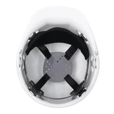 Top view of the Pyramex Cap-Style Hard Hat by Pyramex Safety, featuring a white shell and an adjustable black and gray high-density polyethylene suspension system for superior head protection.