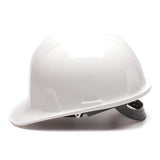 A side view of a Pyramex Safety Cap-Style Hard Hat (16/Case), plain white and made of high-density polyethylene, featuring an adjustable gray strap underneath.