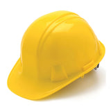 A Pyramex Safety Cap-Style Hard Hat in yellow, featuring universal accessory slots and a rain trough, is set against a pristine white background.