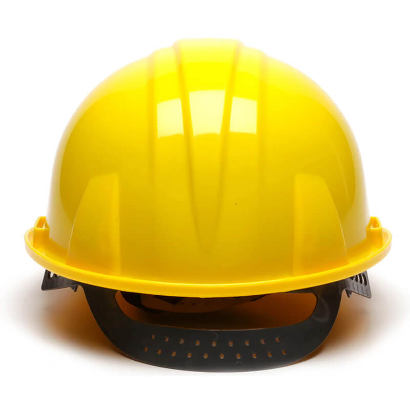 The Pyramex Safety Cap-Style Hard Hat (16/Case) is shown in bright yellow, made from high-density polyethylene with a black adjustable strap against a white background.