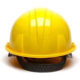 The Pyramex Safety Cap-Style Hard Hat (16/Case) is shown in bright yellow, made from high-density polyethylene with a black adjustable strap against a white background.