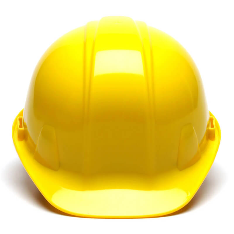 A Pyramex Safety Cap-Style Hard Hat in bright yellow, made from high-density polyethylene, is shown from the front against a white background. Product: Pyramex Cap-Style Hard Hat (16/Case).