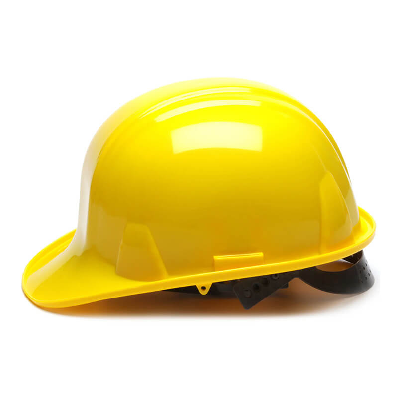 A Pyramex Safety Cap-Style Hard Hat (16/Case), in bright yellow high-density polyethylene, is shown on a white background from the side, displaying its black adjustable strap.