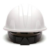 The Pyramex Safety HP141 Ratchet Hard Hat features a white shell with a black adjustable ratchet strap, is ideal for construction or industrial use, and meets ANSI Z89.1 safety standards. Available in cases of 16.