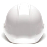 The Pyramex Safety Ratchet Hard Hat HP141_ features a white, smooth front with two raised ridges and a comfortable ratchet suspension. ANSI Z89.1 compliant, this helmet ensures reliable on-site protection. 16 per case.