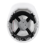 Top view of the Pyramex Safety Ratchet Hard Hat HP141, featuring an ANSI Z89.1-compliant ratchet suspension, black adjustable straps, and a padded forehead band for comfort.