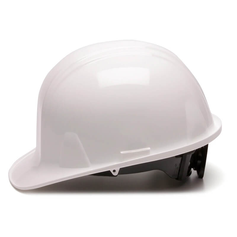 The Pyramex Safety HP141 Ratchet Hard Hat, shown in plain white with a curved brim and adjustable black strap, features ratchet suspension and meets ANSI Z89.1 head protection standards for construction sites.