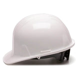The Pyramex Safety HP141 Ratchet Hard Hat, shown in plain white with a curved brim and adjustable black strap, features ratchet suspension and meets ANSI Z89.1 head protection standards for construction sites.