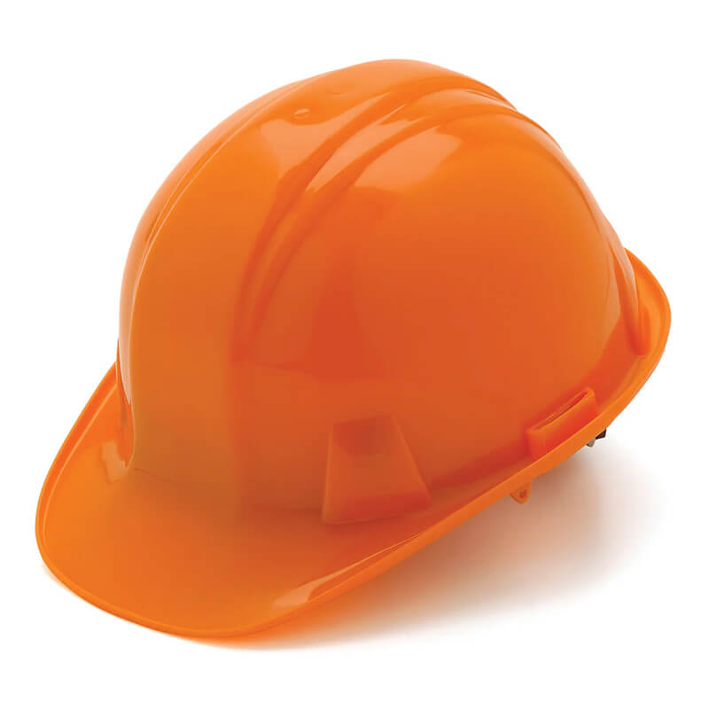 A Pyramex Safety Ratchet Hard Hat HP141_, featuring an orange gloss finish and built-in ratchet suspension, is displayed against a plain white background, complying with ANSI Z89.1 safety standards.