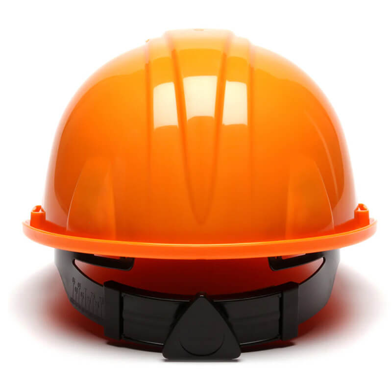 The Pyramex Safety Ratchet Hard Hat HP141, shown from the front against a white background, features a bright orange shell and a black adjustable ratchet suspension strap.