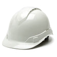 The Pyramex Safety Ridgeline Vented Cap Style 4Pt Ratchet HardHat features a glossy finish and vented cap design for enhanced airflow. This ultra-lightweight protection boasts a ridged top, short brim, and an adjustable strap at the back to ensure a comfortable and secure fit.