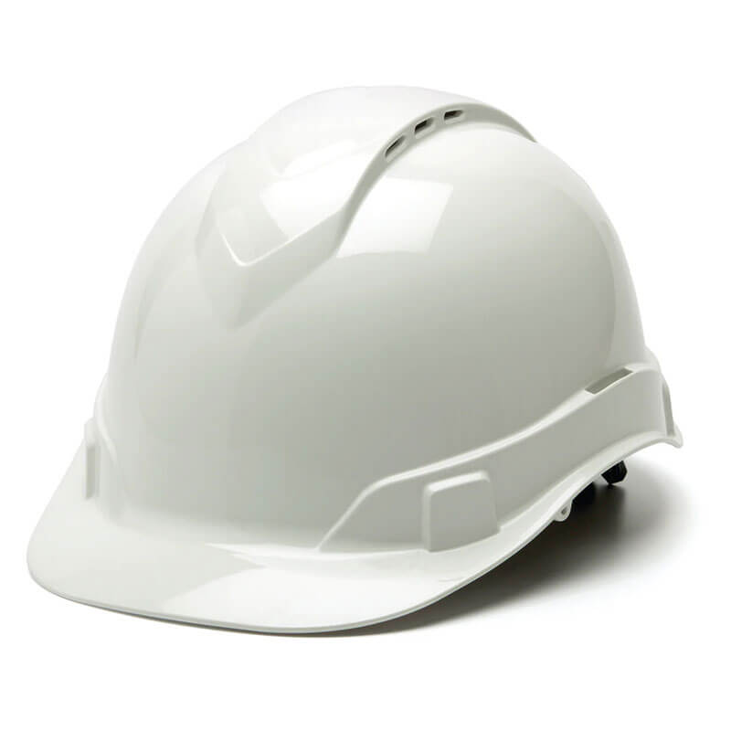 The Pyramex Safety Ridgeline Vented Cap Style 4Pt Ratchet HardHat features a glossy finish and vented cap design for enhanced airflow. This ultra-lightweight protection boasts a ridged top, short brim, and an adjustable strap at the back to ensure a comfortable and secure fit.