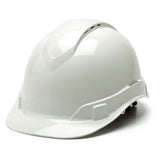 The Pyramex Safety Ridgeline Vented Cap Style 4Pt Ratchet HardHat features a glossy finish and vented cap design for enhanced airflow. This ultra-lightweight protection boasts a ridged top, short brim, and an adjustable strap at the back to ensure a comfortable and secure fit.