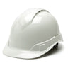 The Pyramex Safety Ridgeline Vented Cap Style 4Pt Ratchet HardHat features a glossy finish and vented cap design for enhanced airflow. This ultra-lightweight protection boasts a ridged top, short brim, and an adjustable strap at the back to ensure a comfortable and secure fit.