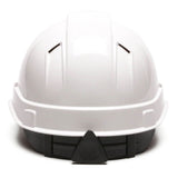 A Pyramex Safety Ridgeline Vented Cap Style 4Pt Ratchet HardHat in white, shown from the rear with its adjustable black ratchet strap and top ventilation slits. Set against a plain white background.