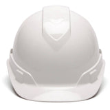 The Pyramex Safety Ridgeline Vented Cap Style 4Pt Ratchet Hard Hat, shown in white, provides head protection for construction or industrial environments.