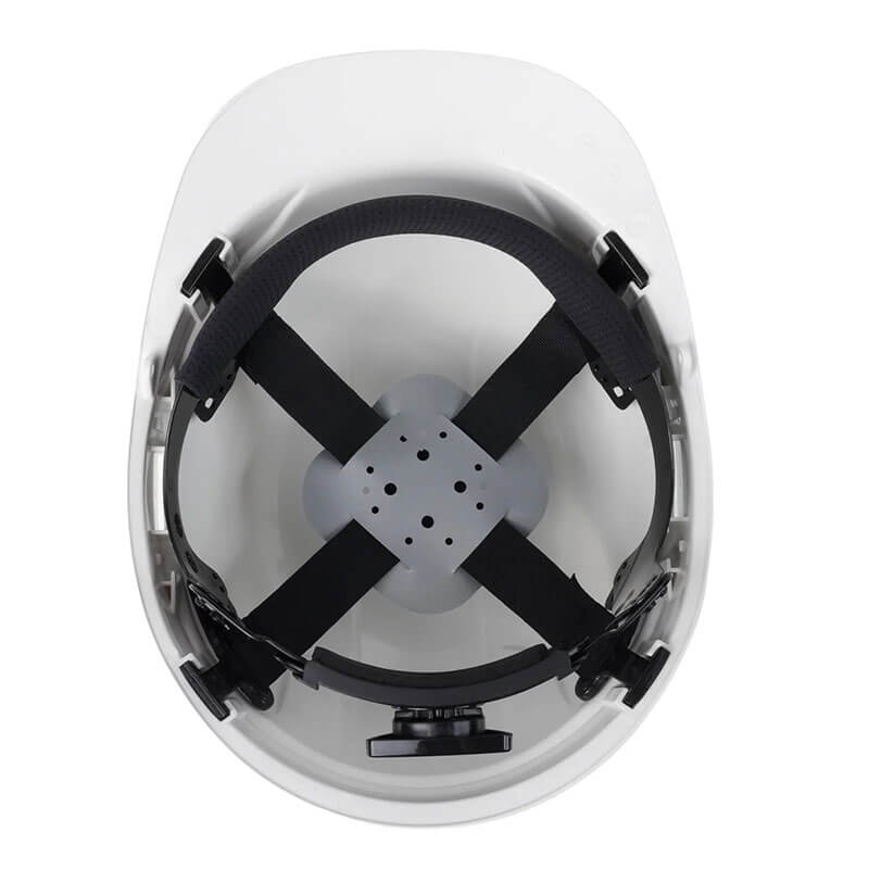 Top view of the Pyramex Ridgeline Vented Cap Style 4Pt Ratchet HardHat by Pyramex Safety, highlighting its interior suspension system with black straps and a gray cushioned center pad.