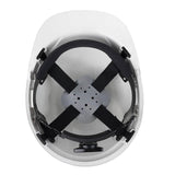 Top view of the Pyramex Ridgeline Vented Cap Style 4Pt Ratchet HardHat by Pyramex Safety, highlighting its interior suspension system with black straps and a gray cushioned center pad.