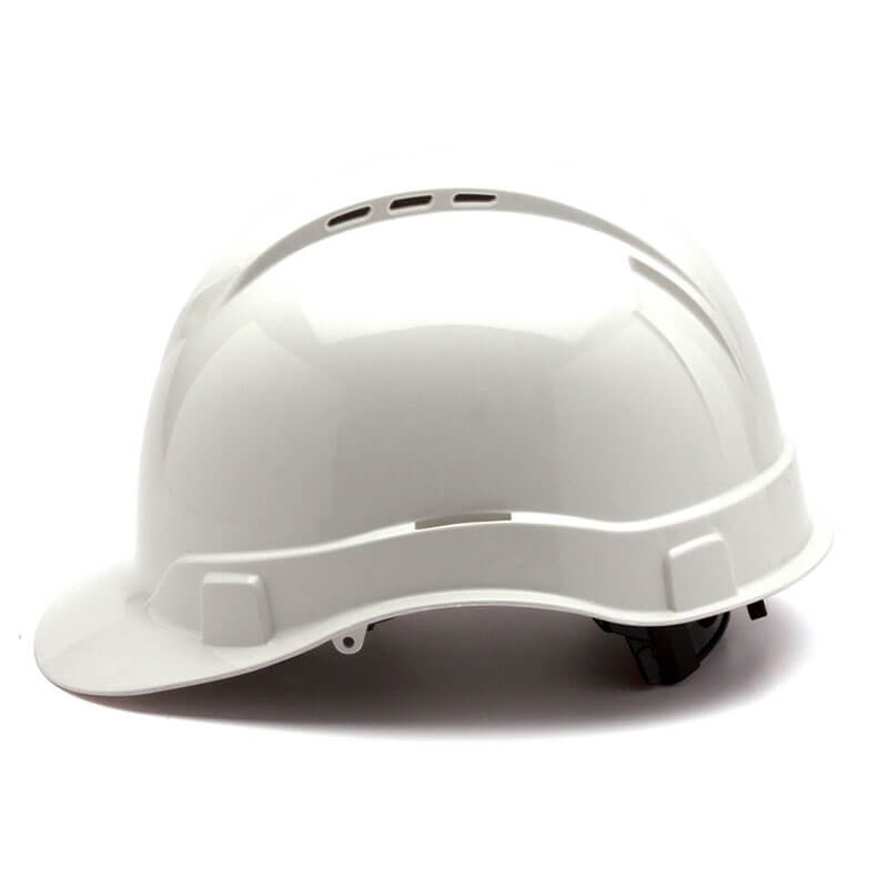 The Pyramex Safety Ridgeline Vented Cap Style 4Pt Ratchet HardHat, shown from the side on a white background, features top ventilation slots; sold as 16 per case.