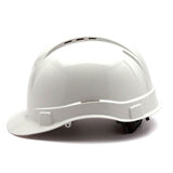 The Pyramex Safety Ridgeline Vented Cap Style 4Pt Ratchet HardHat, shown from the side on a white background, features top ventilation slots; sold as 16 per case.