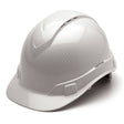 The Pyramex Safety Hydro Dipped Ridgeline Vented Cap Style helmet features a sleek, rounded top and a short brim. Designed with ventilation grooves and an adjustable strap for maximum comfort, this helmet merges safety with style against a light background.