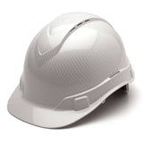 The Pyramex Safety Hydro Dipped Ridgeline Vented Cap Style helmet features a sleek, rounded top and a short brim. Designed with ventilation grooves and an adjustable strap for maximum comfort, this helmet merges safety with style against a light background.