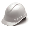 The Pyramex Safety Hydro Dipped Ridgeline Vented Cap Style helmet features a sleek, rounded top and a short brim. Designed with ventilation grooves and an adjustable strap for maximum comfort, this helmet merges safety with style against a light background.