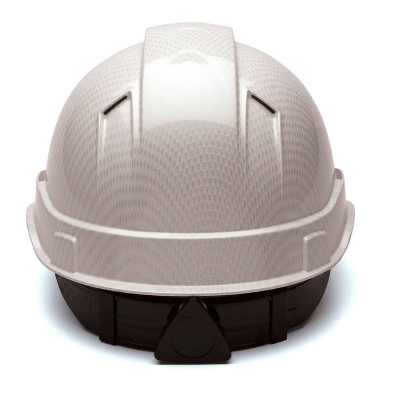 A Pyramex Safety Hydro Dipped Ridgeline Vented Cap Style Hard Hat with 4-point suspension and a textured, patterned hydro dipped surface is shown from the front, featuring black adjustable suspension at the base.
