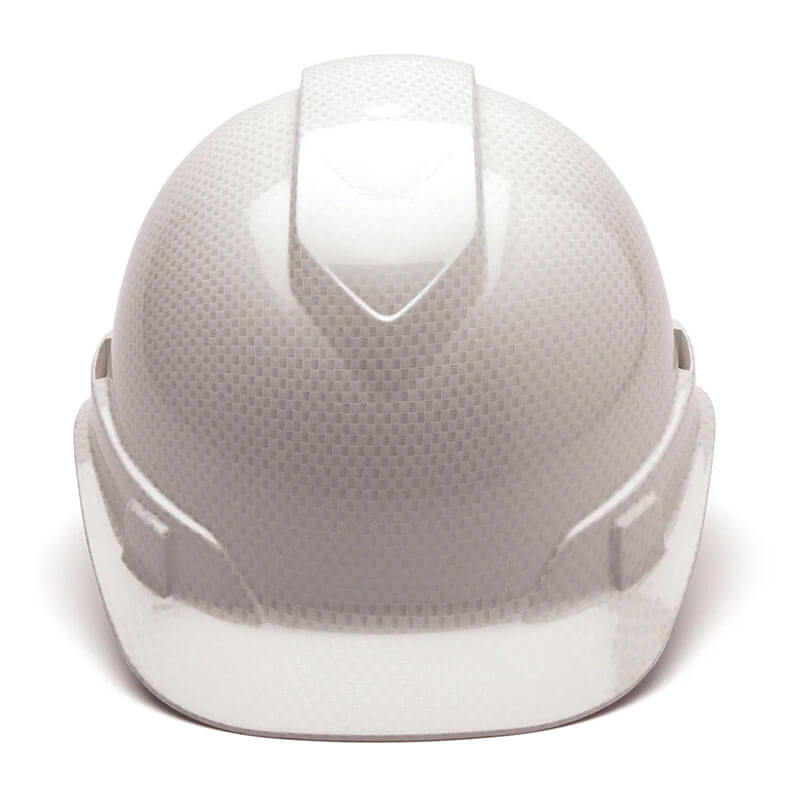 A Pyramex Safety Hydro Dipped Ridgeline Vented Cap Style hard hat with a glossy white finish, shown from the front against a plain background.