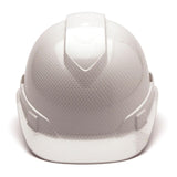 A Pyramex Safety Hydro Dipped Ridgeline Vented Cap Style hard hat with a glossy white finish, shown from the front against a plain background.