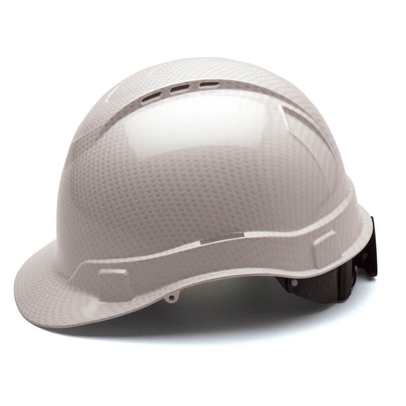 A Pyramex Safety Hydro Dipped Ridgeline Vented Cap Style 4Pt hard hat in textured white, featuring ventilation holes and an adjustable black strap, is shown on a white background.
