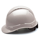A Pyramex Safety Hydro Dipped Ridgeline Vented Cap Style 4Pt hard hat in textured white, featuring ventilation holes and an adjustable black strap, is shown on a white background.