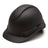 A Pyramex Safety Hydro Dipped Ridgeline Vented Cap Style hard hat in black, characterized by its sleek finish and low center of gravity, includes ventilation slits on top and an adjustable strap at the back. The helmet is displayed slightly tilted on a plain white background.