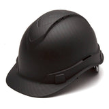 A Pyramex Safety Hydro Dipped Ridgeline Vented Cap Style hard hat in black, characterized by its sleek finish and low center of gravity, includes ventilation slits on top and an adjustable strap at the back. The helmet is displayed slightly tilted on a plain white background.