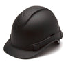 A Pyramex Safety Hydro Dipped Ridgeline Vented Cap Style hard hat in black, characterized by its sleek finish and low center of gravity, includes ventilation slits on top and an adjustable strap at the back. The helmet is displayed slightly tilted on a plain white background.