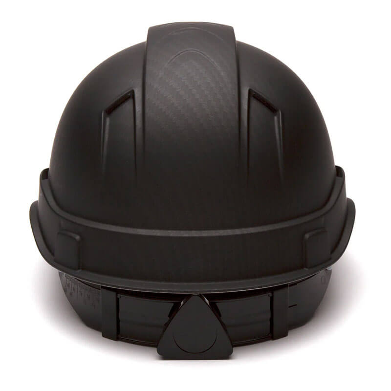The Pyramex Safety Hydro Dipped Ridgeline Vented Cap Style 4Pt hard hat is shown from the front, featuring a smooth, slightly textured black surface with reinforced ridges and an adjustable band at the base.